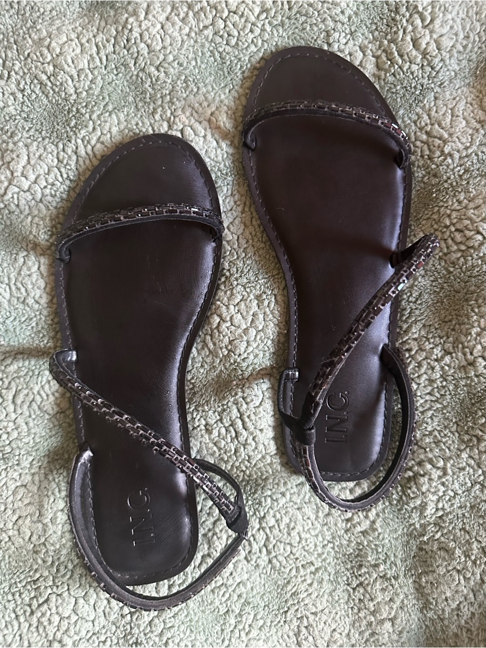 INC International Concepts Dark Black rhinestone Strap Leather Sandals
